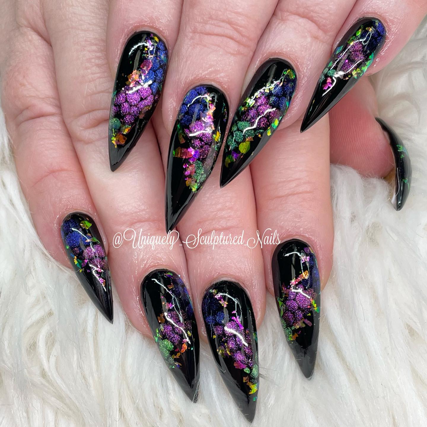 Black Floral Stiletto Nails