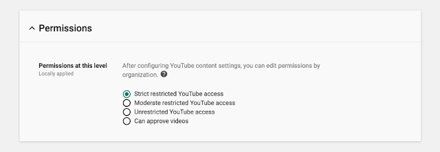 Admins can select between a strict and moderate level of restriction for YouTube in the Admin console - screenshot