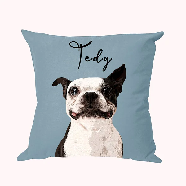 coussin présentant la photographie d’un chien, surmontée de son nom : Tedy.