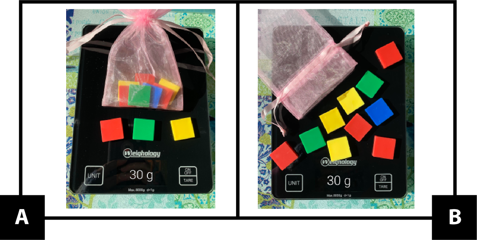 A. shows a bag with colored square tiles inside and 3 tiles outside of the bag. The collection weighs 30 grams. B. shows an empty bag with 10 tiles outside of the bag. The collection weighs 30 grams.