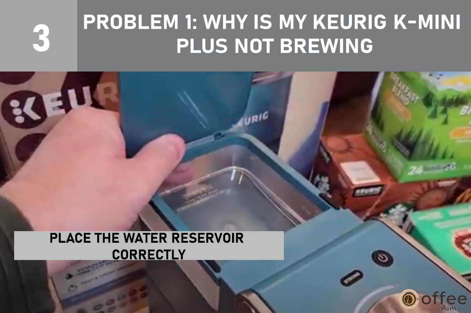 This image demonstrates the correct placement of the Water Reservoir for Problem 1: "Why Is My Keurig K-Mini Plus Not Brewing?" in our article "Keurig K-Mini Plus Problems."