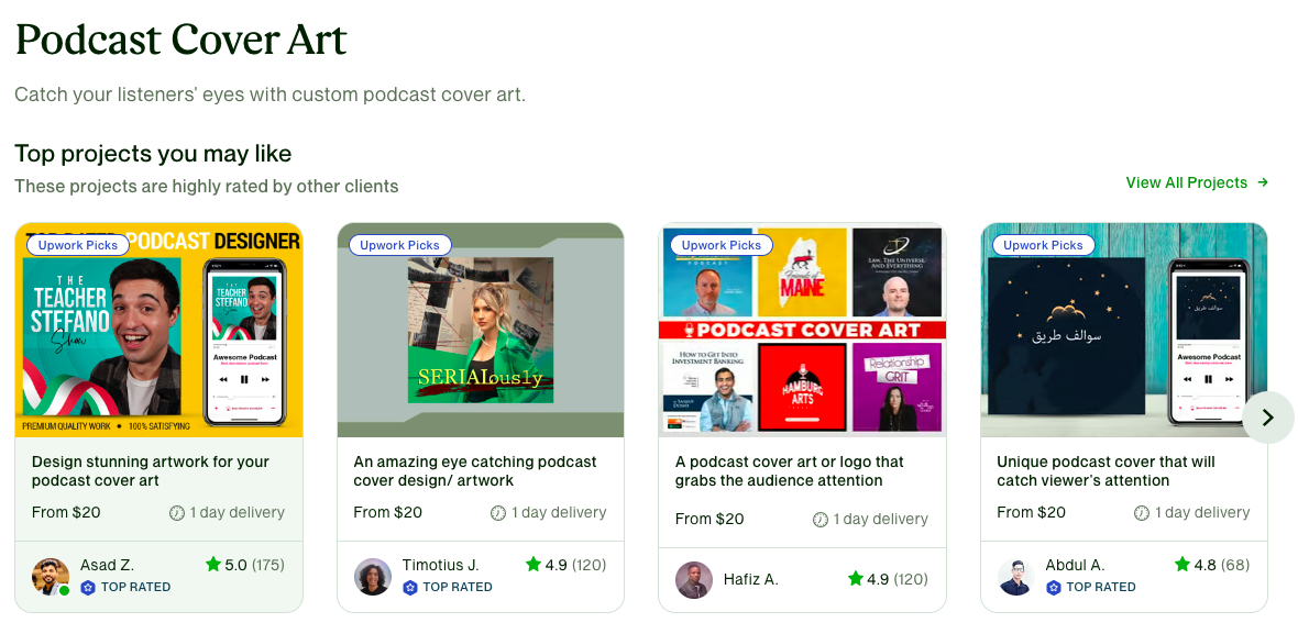 Examples of podcast cover art on Upwork