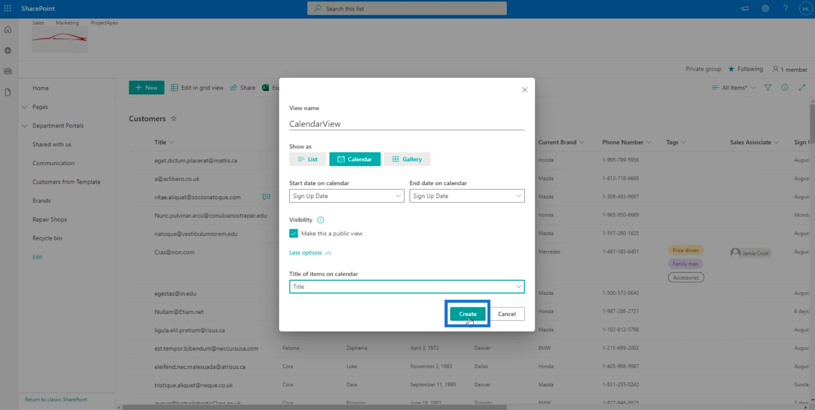 sharepoint list calendar view