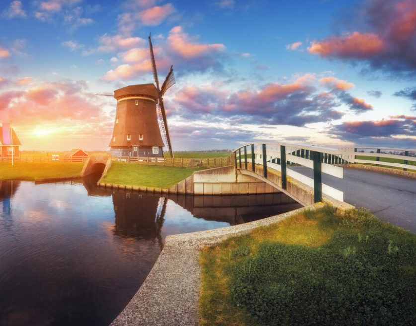 canal, bridge, and windmill 