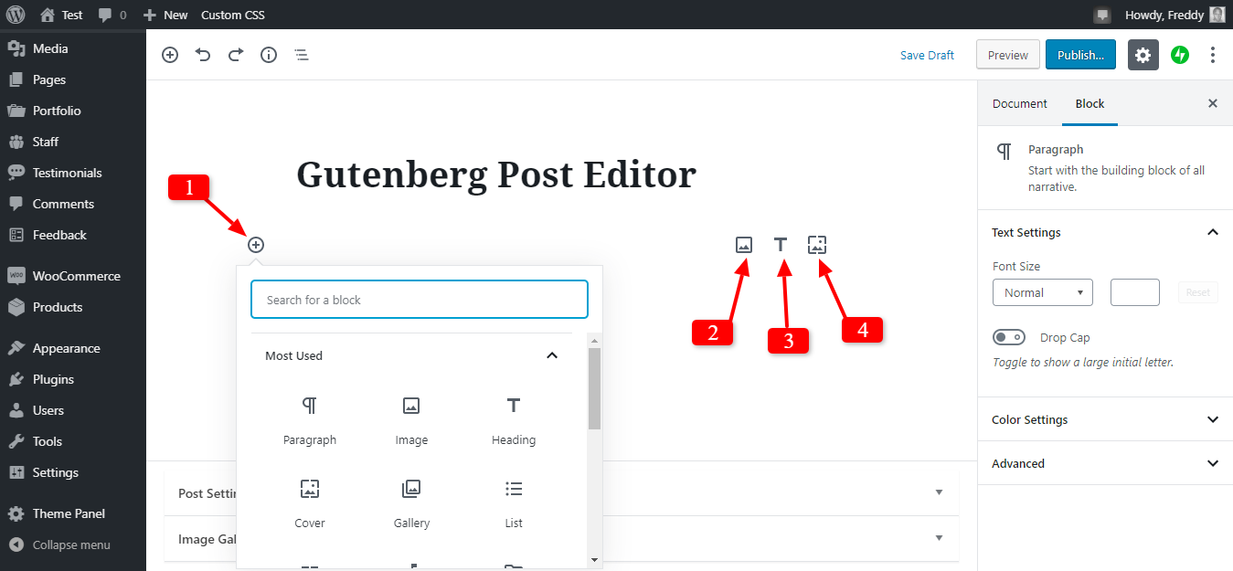novas opções de bloco de parágrafo gutenberg