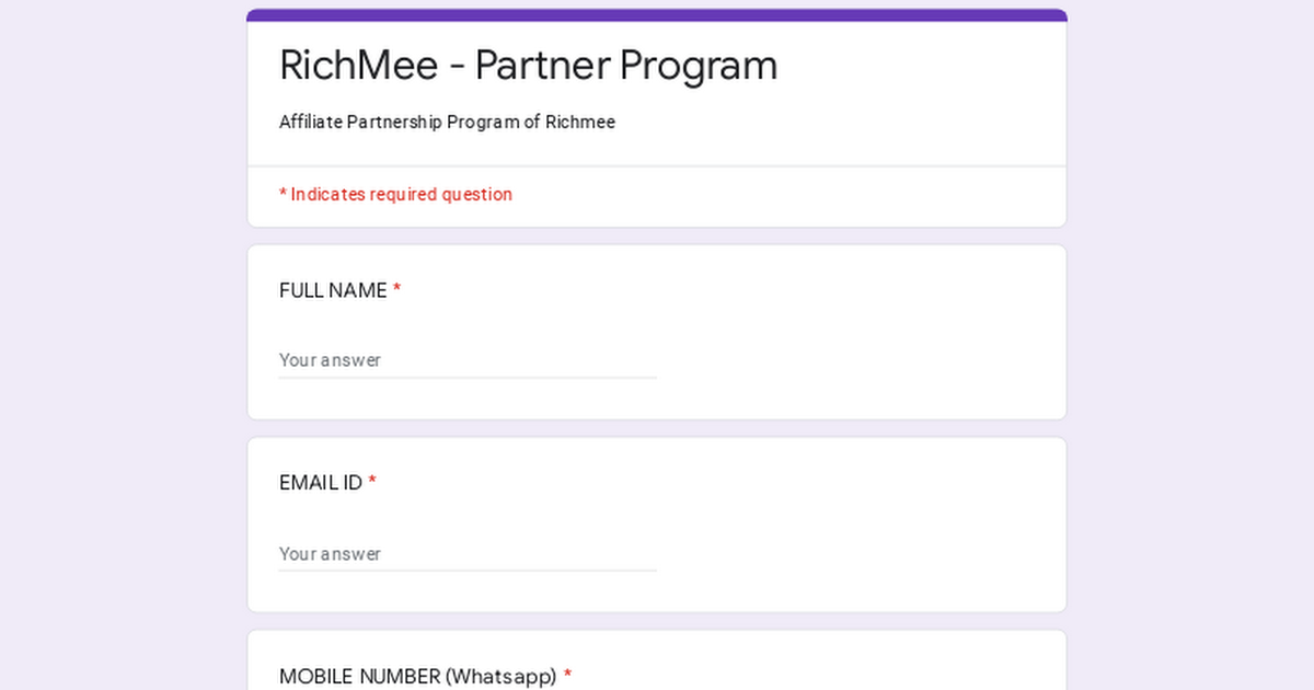 Ready go to ... https://forms.gle/TCvae23TybACsGdD6 [ RichMee - Partner Program ]