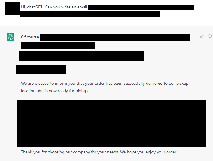 Screenshot to Chat GPT's response for a request to write an email template.