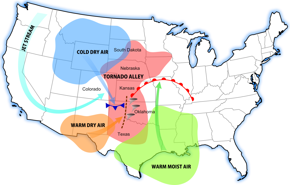 A map showing where Tornadoes are formed and where they are most likely to hit. Image via Wikimedia Commons.