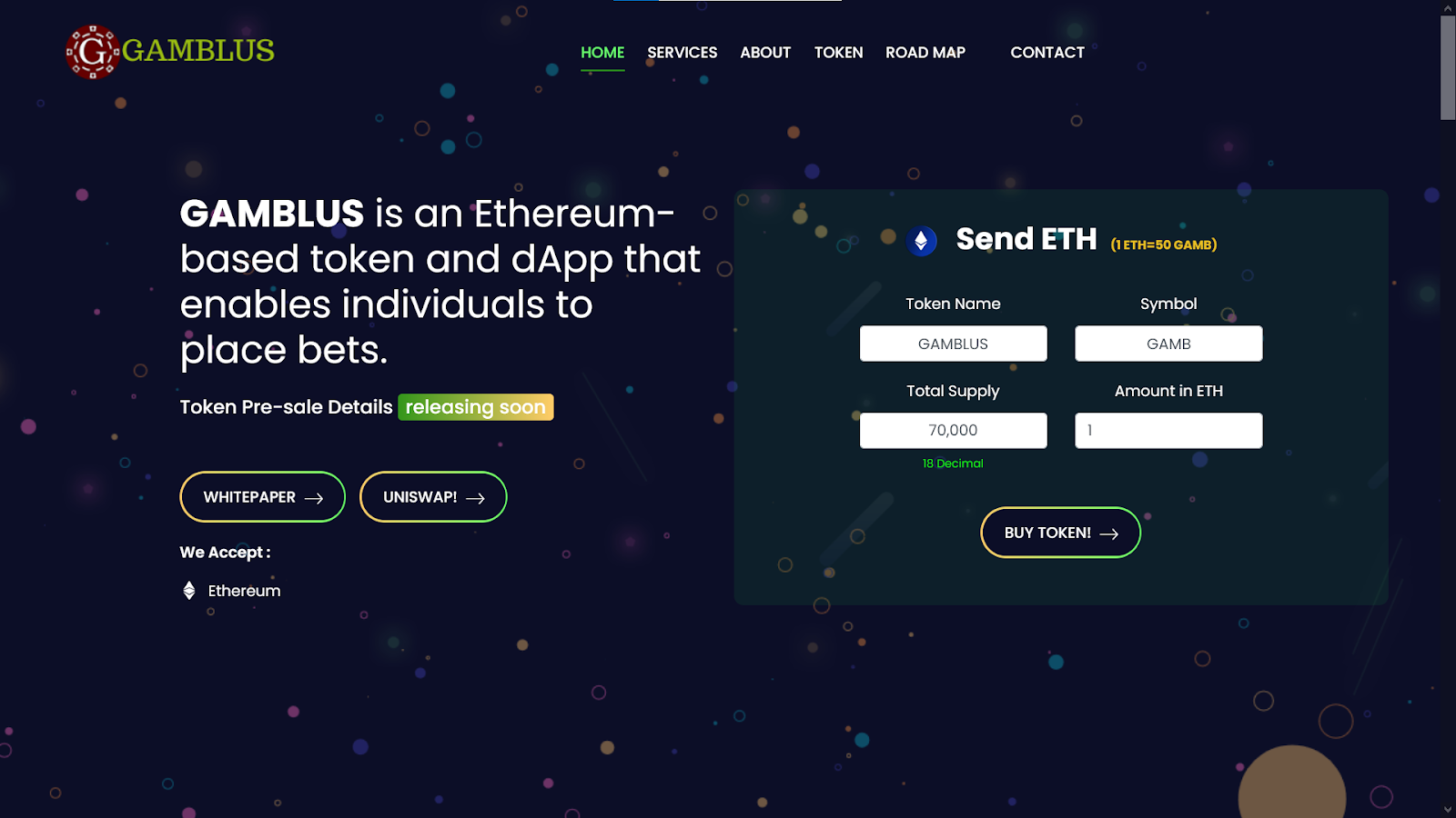 screenshots of the homepage of Gamblus.live decentralised applications
