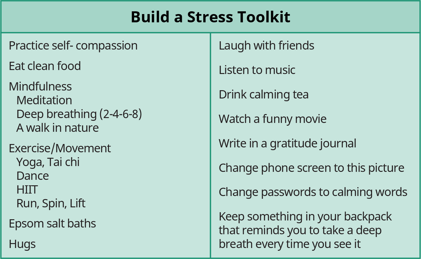 A chart titled “Build a Stress Toolkit” lists a toolkit to fight stress.