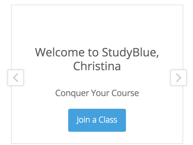 The customer onboarding process in-app greeting message from StudyBlue