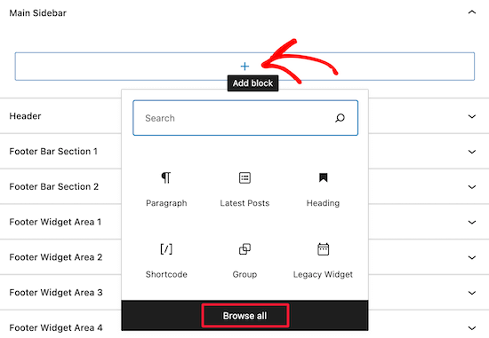 Clique em adicionar ícone de bloco de widget