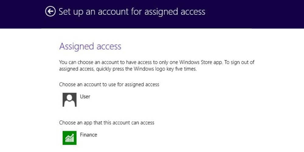 Assigned Access interface in Windows Professional