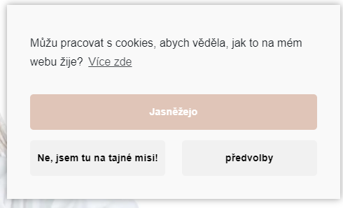Ukázka moc hezké cookie lišty (opt-in metodou) na www.petradolejsova.cz. Výstřižek je pořízen 30.11.2021. 