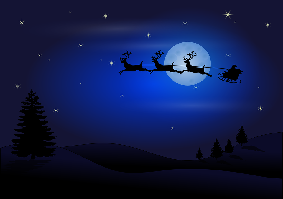 Moon, Silhouette, Santa Claus, Reindeers, Santa, Claus