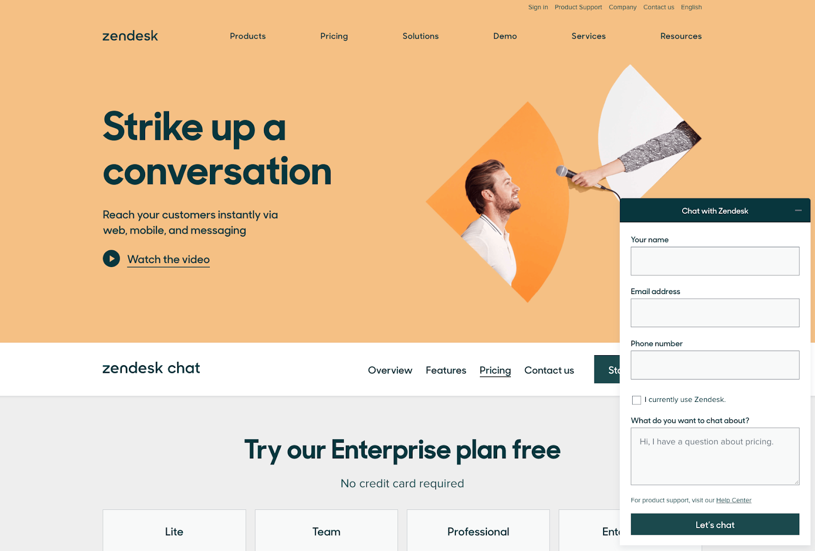 Zendesk Chat Lite homepage