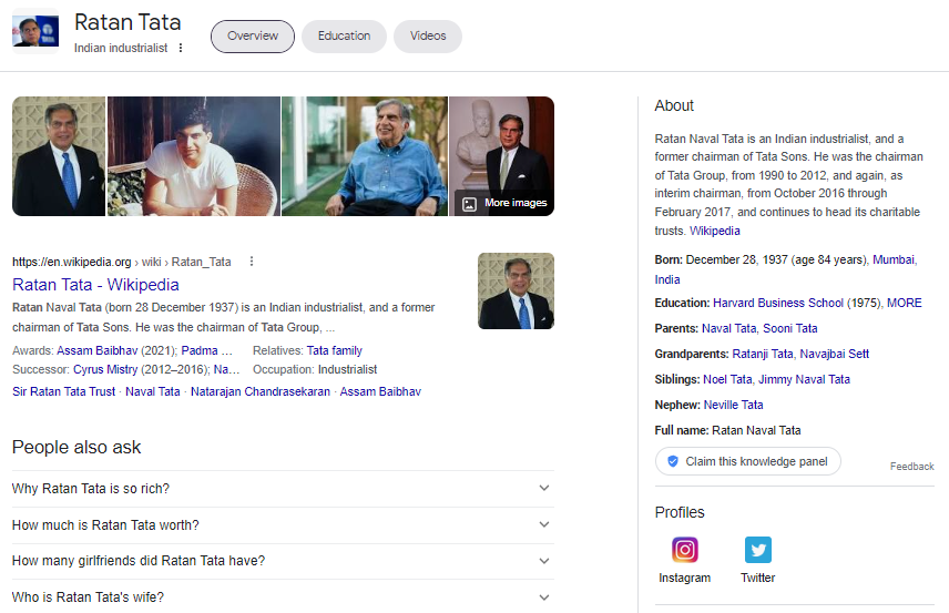 Ratan Tata's Knowledge Graph - An example of people's knowledge graph on Google