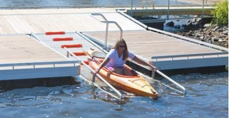 Photo of person using ADA-compliant dock to launch a kayak