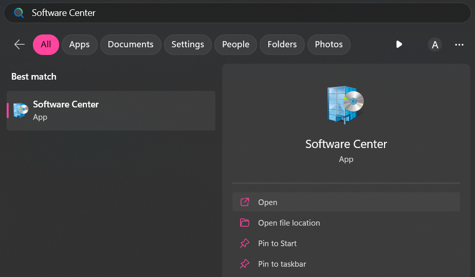 Screenshot of Windows Start Menu search results for "Software Center".