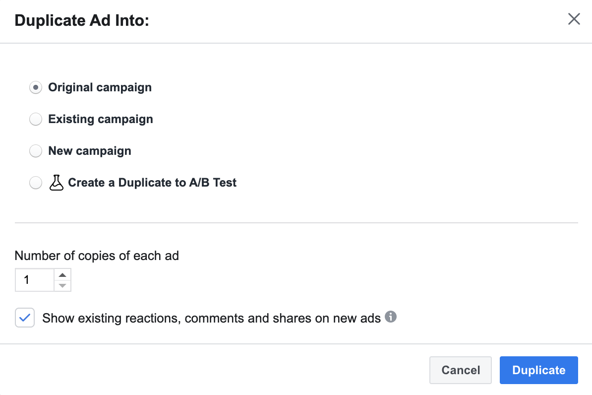 Screenshot of prompts for duplicating ads on Facebook