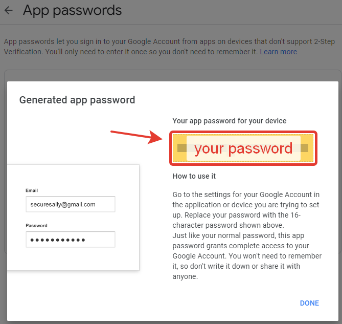 Google account generated app password page with "your password" in box with arrow pointing to it