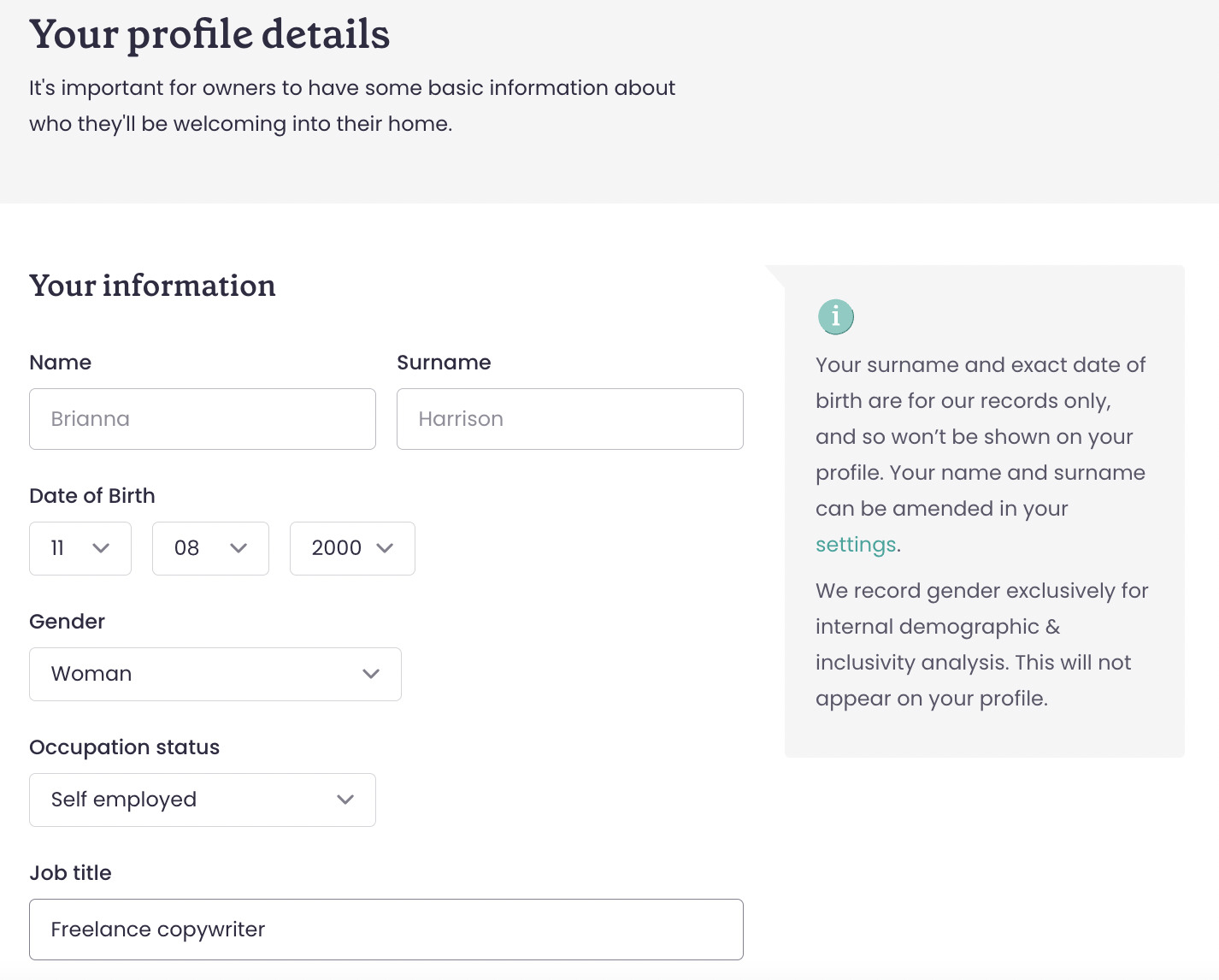 A screenshot of your profile details including name, date of birth, and occupation status. 