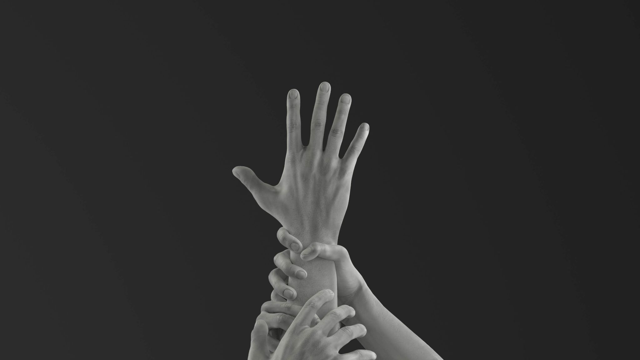 A picture of several hands restraining another hand, representing "My hand had a mind of its own."