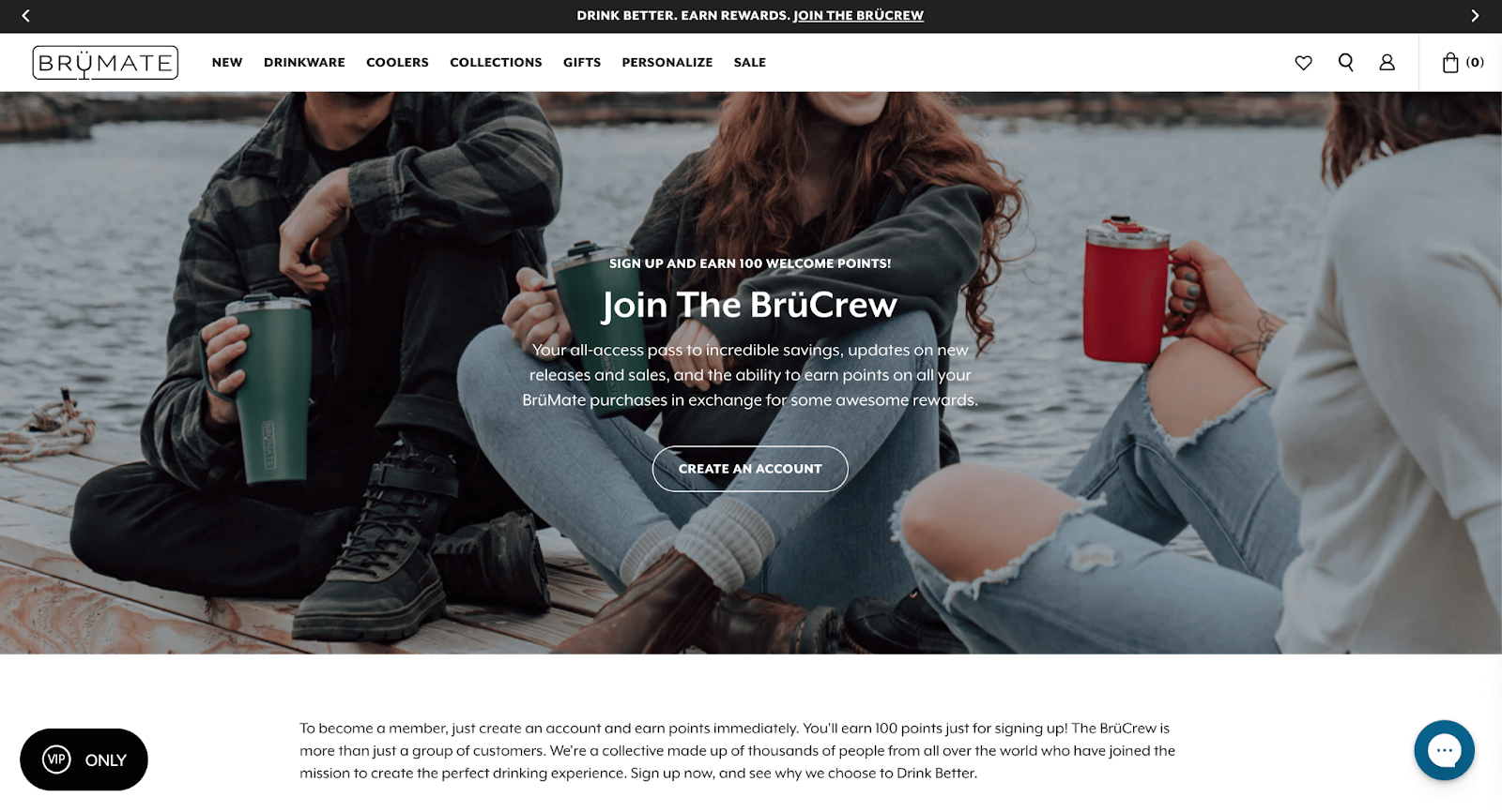 Top 10 Loyalty Programs 2022–A screenshot of BrüMate’s loyalty program explainer page. The background shows 3 people sitting beside a lake holding insulated drinkware. The text on top of the image reads, “Sign up and earn 100 welcome points! Join the BrüCrew. Your all-access pass to incredible savings, updates on new releases and sales, and the ability to earn points on all your BrüMate purchases in exchange for some awesome rewards. Create an account.”
