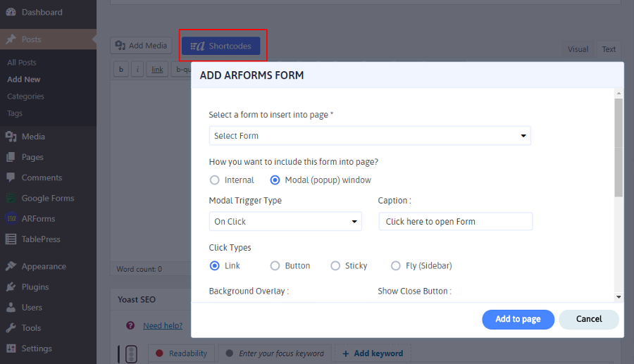 ARForms: opções de pop-up modal