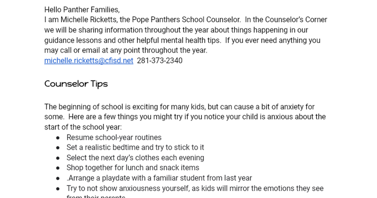 Copy of Counselor's Corner - Sept