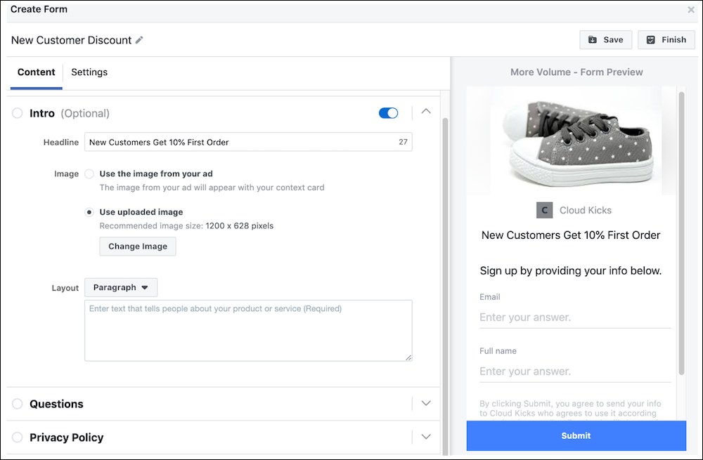 Facebook Lead Form creation form for Cloud Kicks New Customers