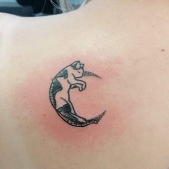 Crescent Moon and Kitty Tattoo On Back Shoulder