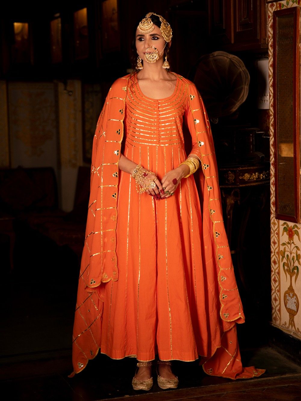 the loom-Orange Gota Cotton Kalidar Suit