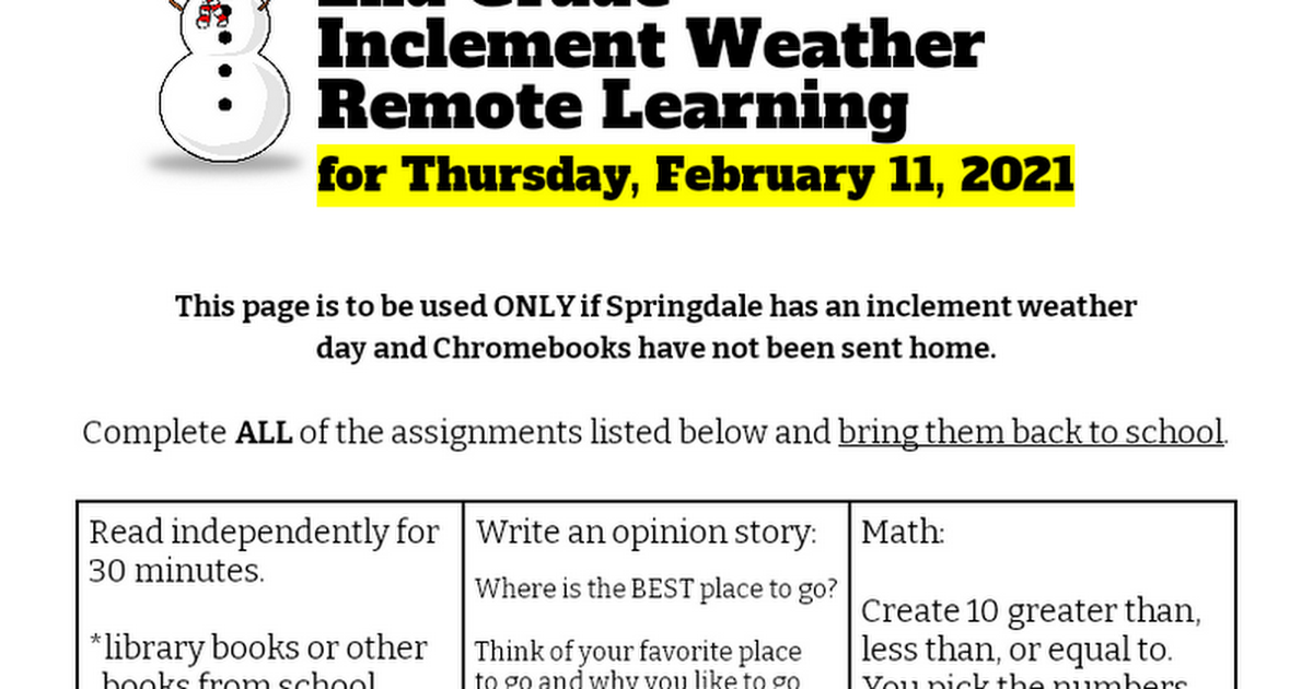 2nd Grade Inclement Weather Remote Learning 2_11_2021