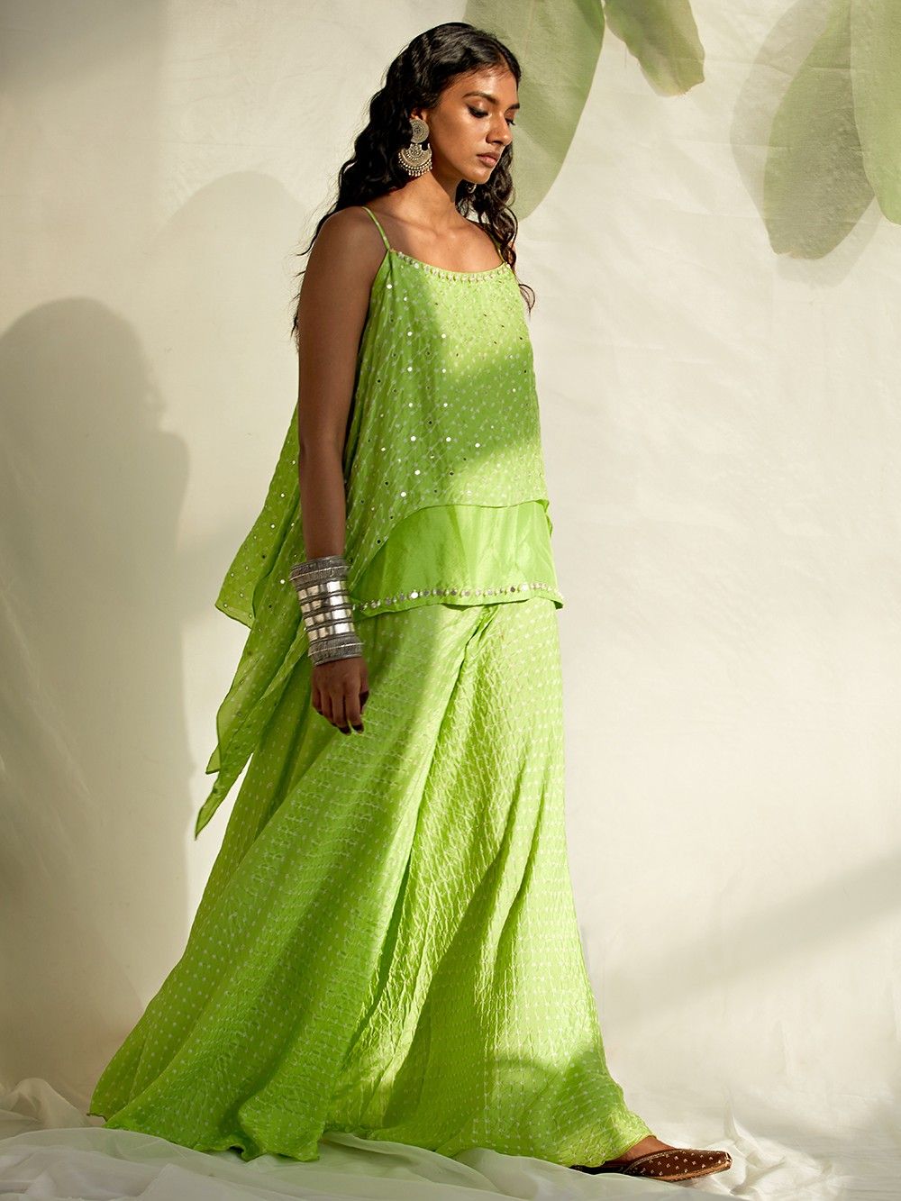 the loom - Lime Green Bandhani Silk Mirror Work Top