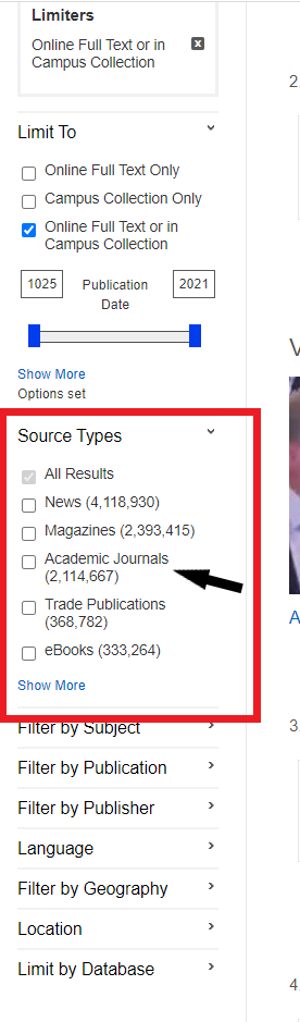 search limiters for source type with an arrow pointing out academic journals