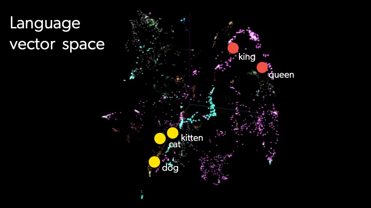 An image shows a language vector space, and illustrates how different words can be grouped by their relationships.