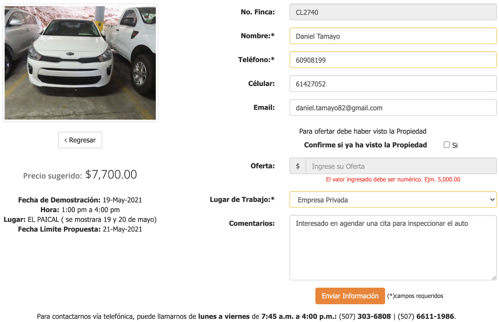 Tarjeta de oferta para autos reposeidos de Banco General