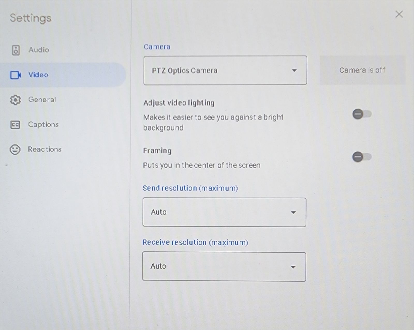 Video menu shown with PTZ Optics Camera chosen for camera