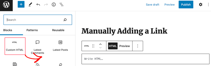 Adicionando um bloco HTML personalizado à sua postagem ou página