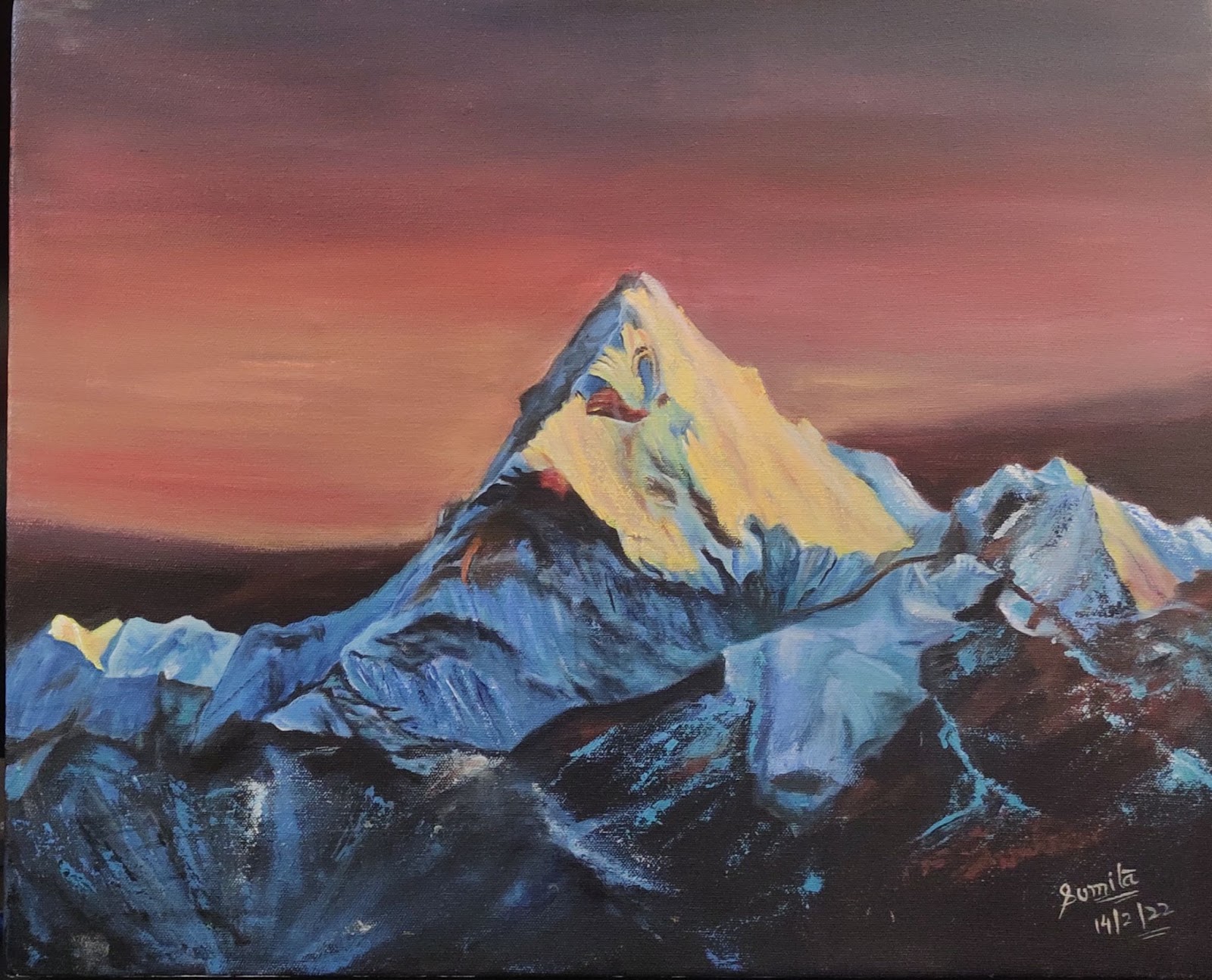 This is a landscape painting reflecting the beautiful shades of the mountain.