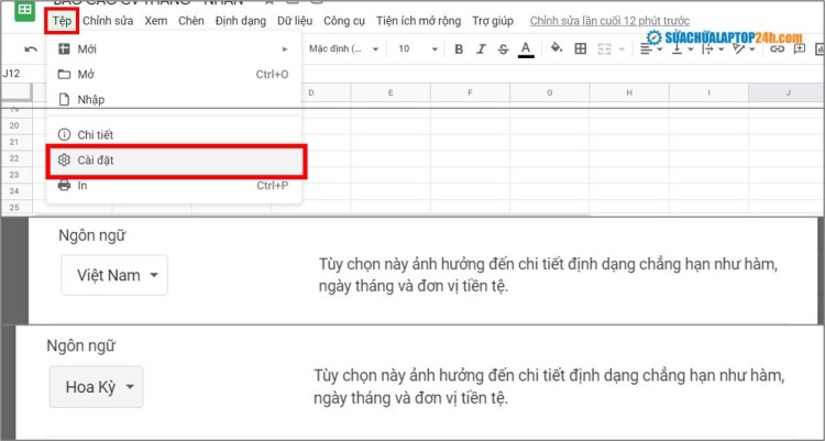 Thay đổi ngôn ngữ trong Google Trang tính