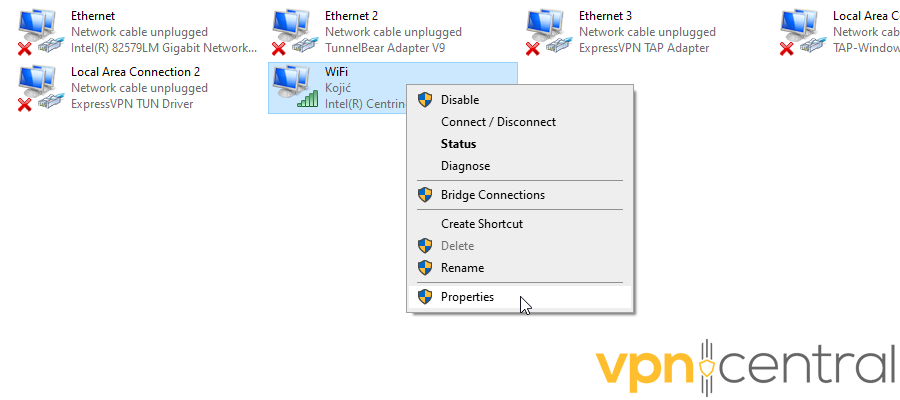 Connection properties in Windows