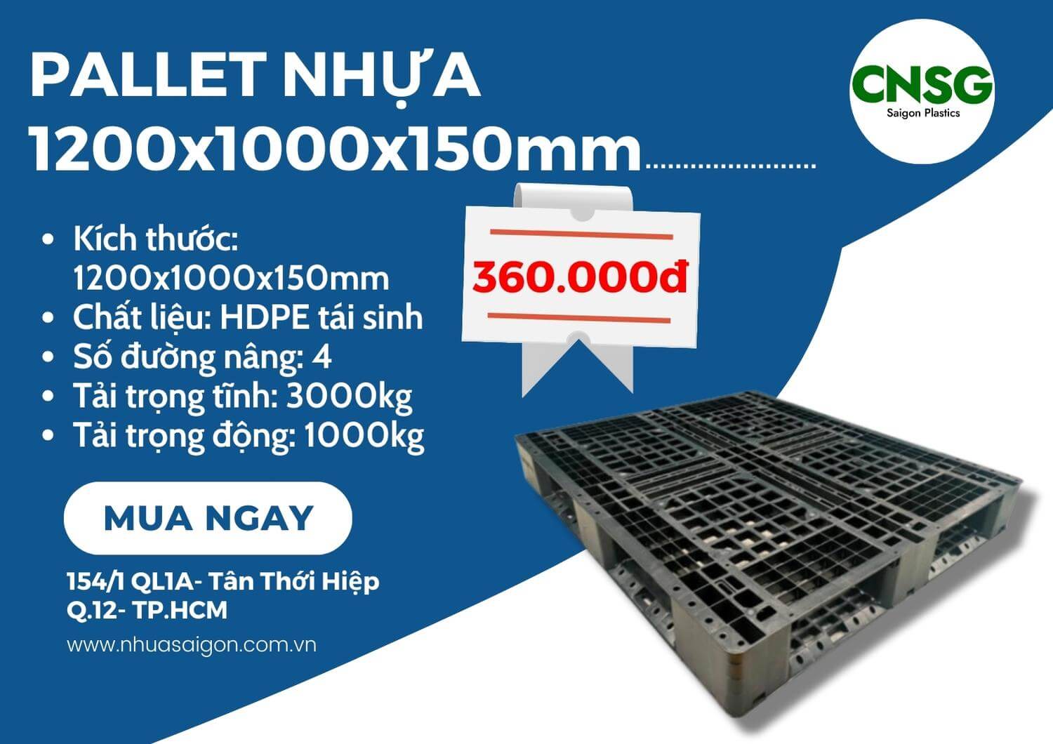 [CHỈ 360K] Pallet Nhựa 1200x1000x150mm Màu Đen