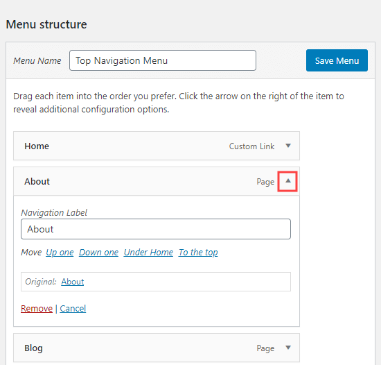 Expandindo um item de menu para editar seu nome