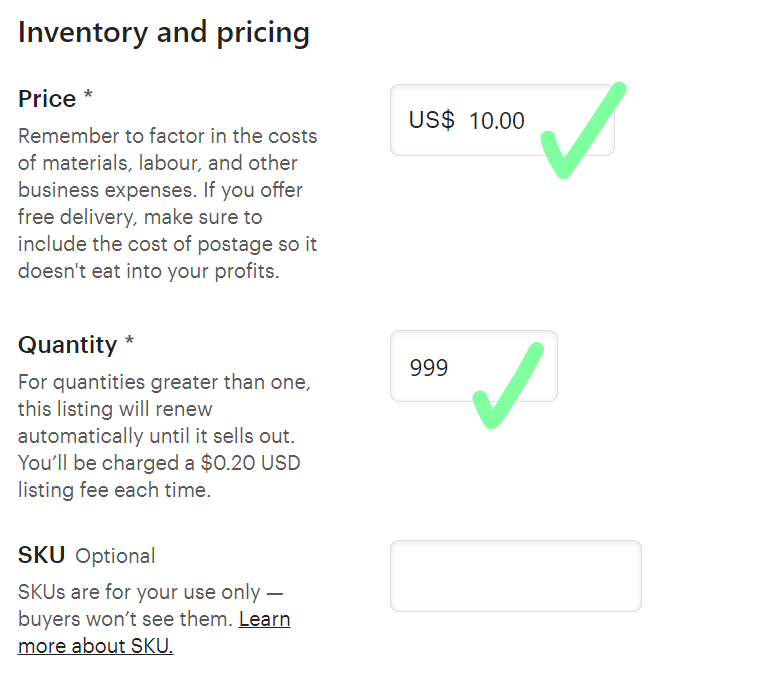 Product price - Create Listing for Digital Products on Etsy