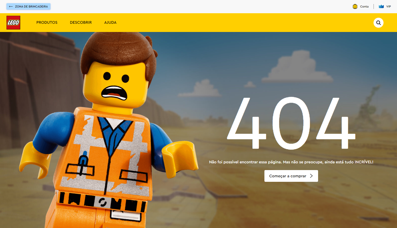 Página de Erro 404 no site da marca LEGO