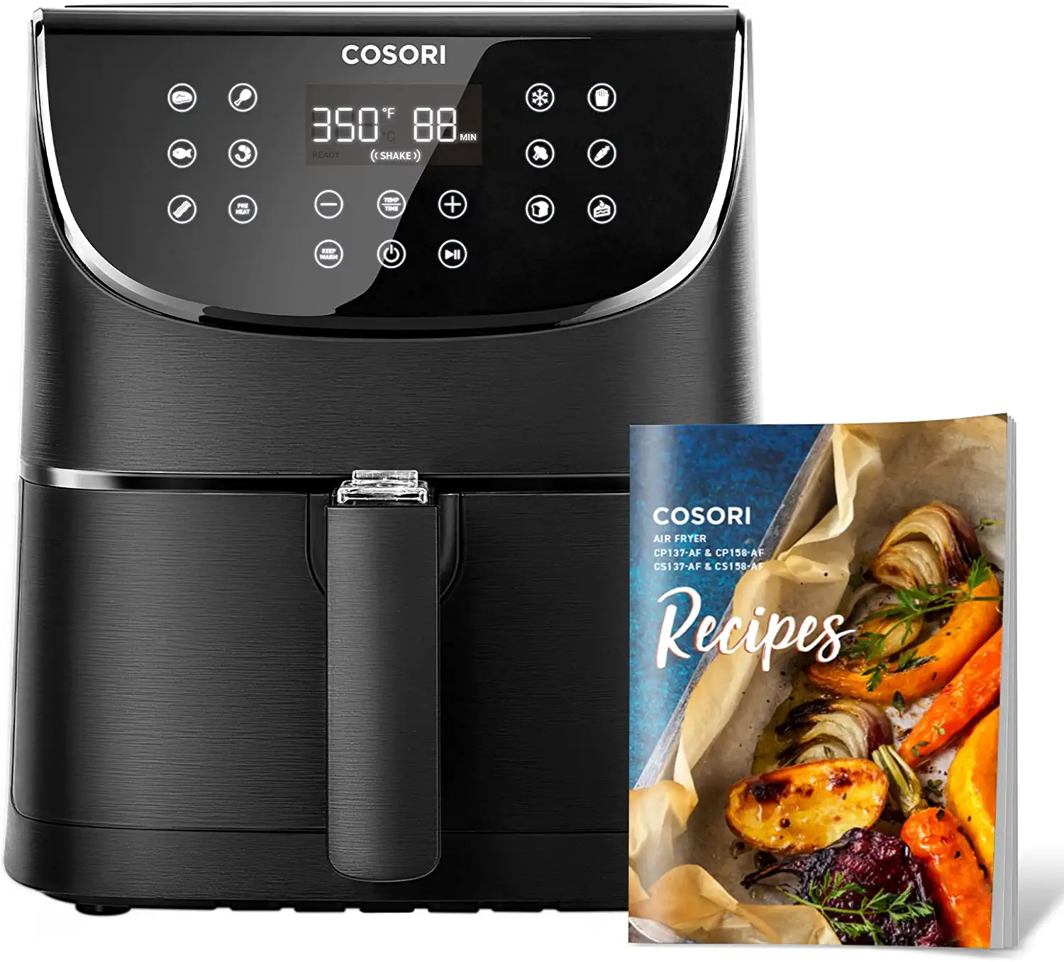 Black Cosori air fryer with recipe book.