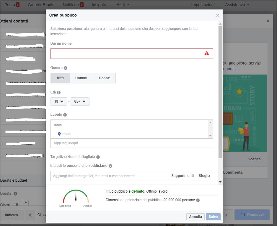 definizione pubblico promozione facebook 