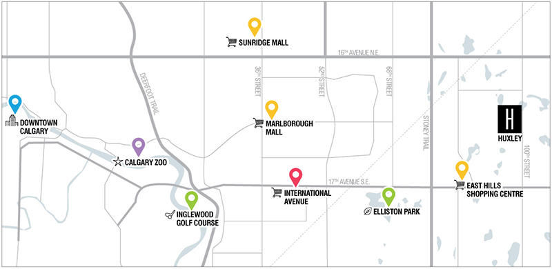Huxley Calgary map showing the location of Huxley in East Calgary near East Hills Shopping Centre & Elliston Park